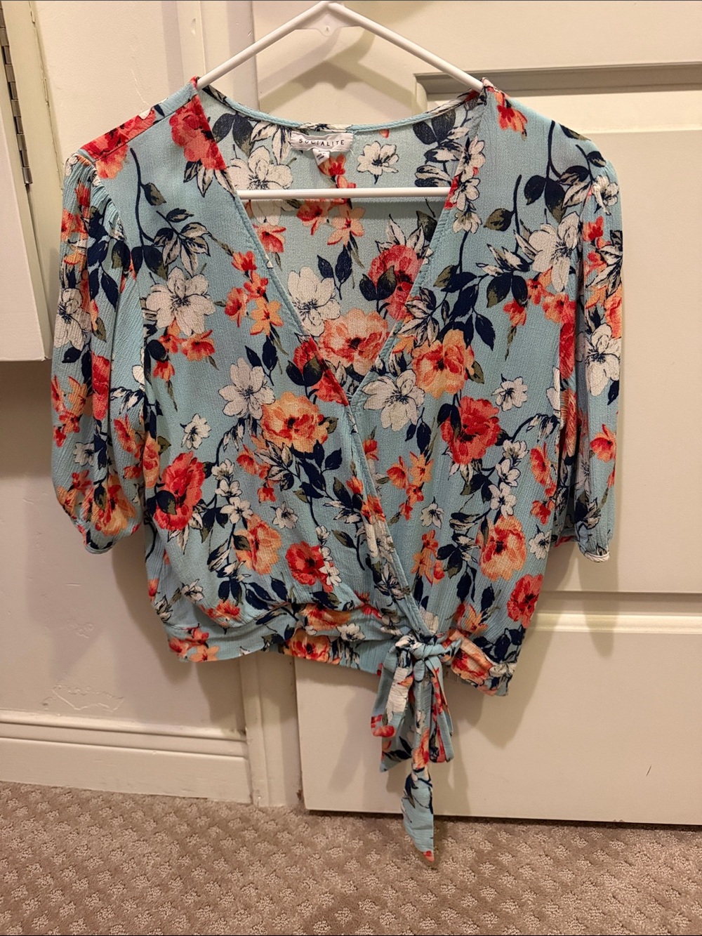 Socialite Blue Floral Faux Wrap Tie Front Blouse Size M